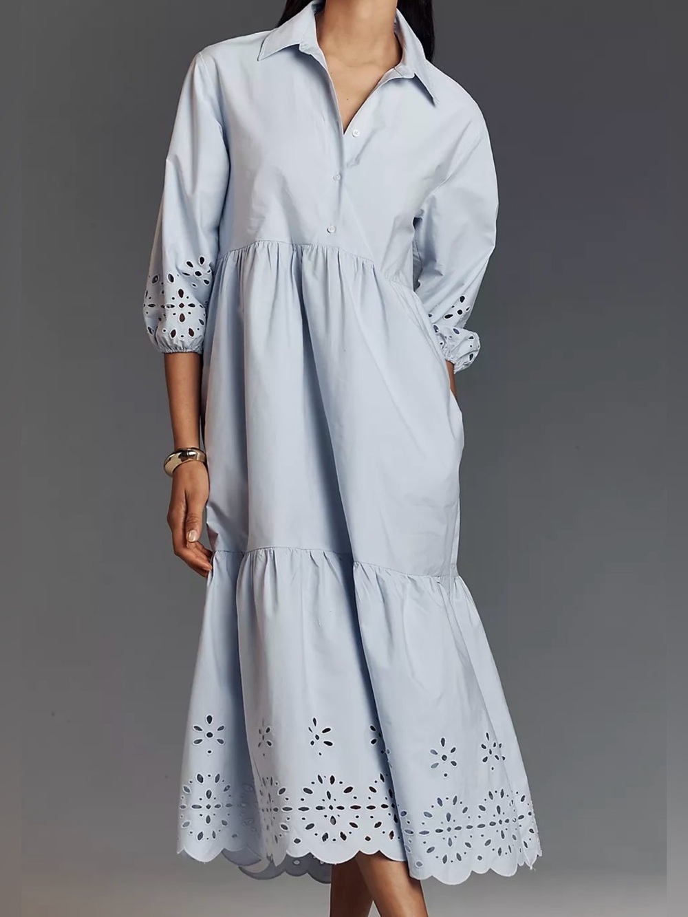 Anthropologie MAEVE Light Blue Button-Front Tiered Midi Dress with Eyelet Detail